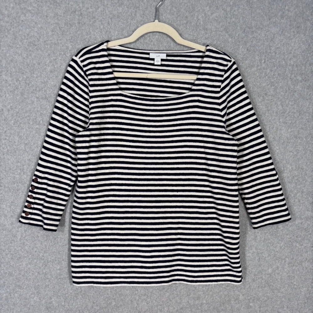 J Jill Knit Top Small Black White Button Detail Cotton Nautical Classic Career